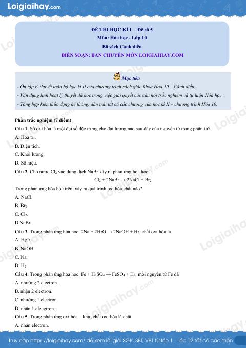 Đề thi học kì 2 Hóa 10 Cánh diều - Đề 5